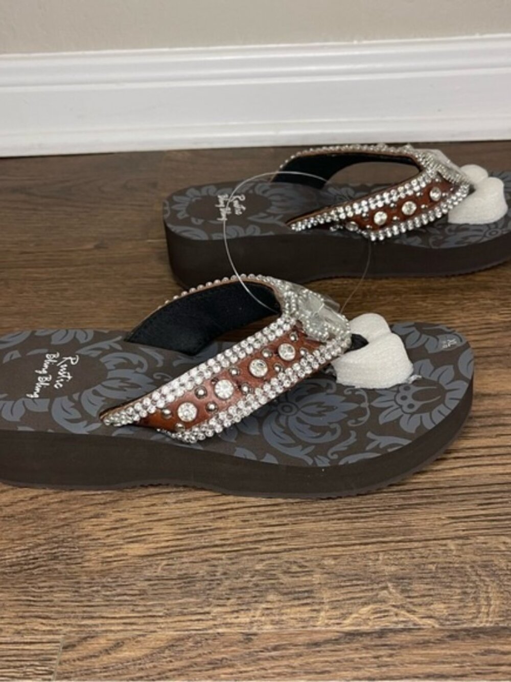 Rustic Bling Bling Wedge Flip Flops Brown Rhinestone Sandals XL- Brand New - Picture 6 of 13